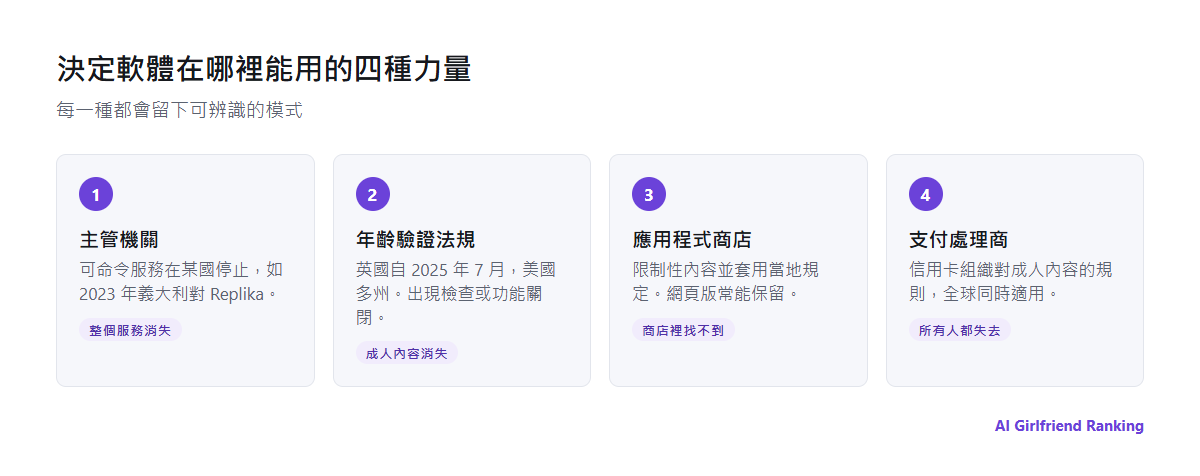 依國家限制 AI 伴侶軟體的四種力量:主管機關、年齡驗證法規、應用程式商店與支付處理商